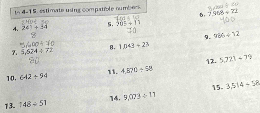 In 4-15, estimate using compatible numbers. 
6. 7,968/ 22
4. 241/ 34
5. 705/ 11
9. 986/ 12
7. 5,624/ 72 8. 1,043/ 23
12. 5,721/ 79
11. 4,870/ 58
10. 642/ 94
15. 3,514/ 58
14. 9,073/ 11
13. 148/ 51