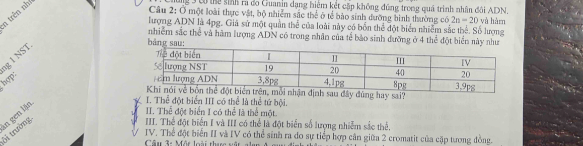 trên nh
ng 3 có thể sinh ra do Guanin dạng hiệm kết cặp không đúng trong quá trình nhân đôi ADN.
Câu 2: Ở một loài thực vật, bộ nhiễm sắc thể ở tế bào sinh dưỡng bình thường có 2n=20 và hàm
lượng ADN là 4pg. Giả sử một quần thể của loài này có bốn thể đột biến nhiễm sắc thể. Số lượng
nhiễm sắc thể và hàm lượng ADN có trong nhân của tế bào sinh dưỡng ở 4 thể đột biển này như
g 1 NST
bảng 
hợp:
sau đây đúng hay sai?
v II. Thể đột biến I có thể là thể một.
in gen lặn
I. Thể đột biến III có thể là thể tứ bội.
ôi trường
1 III. Thể đột biến I và III có thể là đột biến số lượng nhiễm sắc thể.
IV. Thể đột biến II và IV có thể sinh ra do sự tiếp hợp cân giữa 2 cromatit của cặp tương đồng.
Câu 3: Một loài thực vật