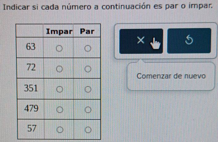 Indicar si cada número a continuación es par o impar. 
× 
Comenzar de nuevo