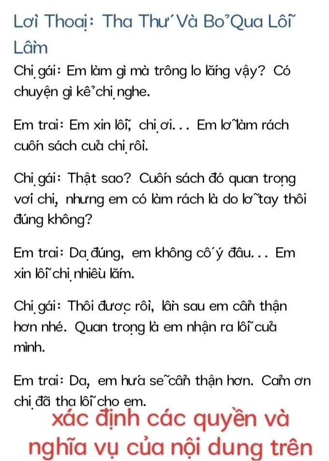 Lơi Thoaị: Tha Thư´Và Bo'Qua Lôi 
Lâm 
Chi gái: Em làm gì mà trông lo lăng vậy? Có 
chuyện gì kê'chi nghe. 
Em trai: Em xin lôi, chi ơi. . . Em lơ làm rách 
cuôn sách cuà chi rôi. 
Chi gái: Thật sao? Cuốn sách đó quan trong 
với chi, nhưng em có làm rách là do lơ~tay thôi 
đúng không? 
Em trai: Da đúng, em không cô´ý đâu. . . Em 
xin lôi chi nhiêu lăm. 
Chi gái: Thôi được rôi, lân sau em cân thận 
hơn nhé. Quan trong là em nhận ra lôi cua 
minh. 
Em trai: Da, em hưa se~cân thận hơn. Cam ơn 
chi đã tha lôi cho em. 
xác định các quyền và 
nghĩa vụ của nội dung trên