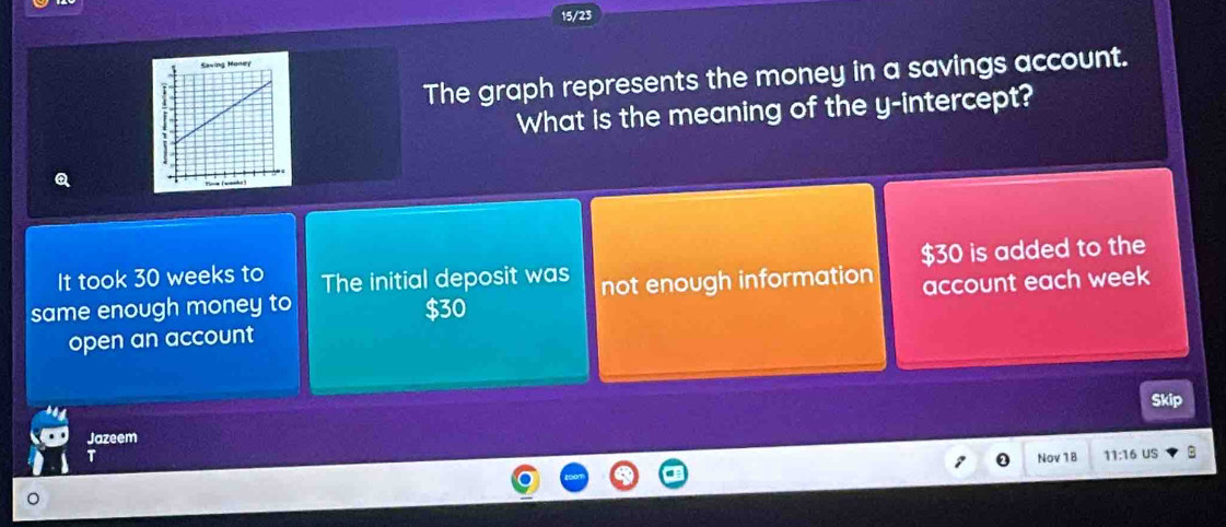 15/23
The graph represents the money in a savings account.
What is the meaning of the y-intercept?
Q
It took 30 weeks to The initial deposit was $30 is added to the
same enough money to not enough information account each week
30
open an account
Skip
Jazeem
T Nov 18 11:16 us