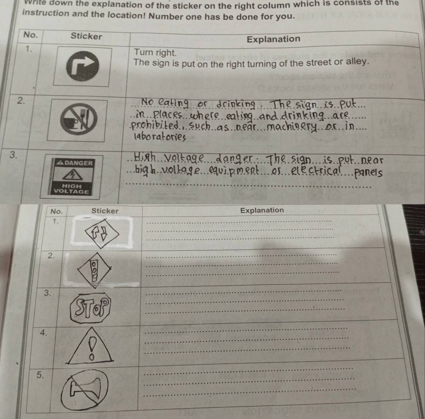 Write down the explanation of the sticker on the right column which is consists of the 
instruction and the location! Number one has be done for you.