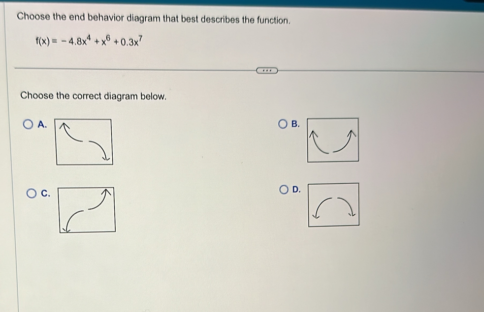 Choose the end behavior diagram that best describes the function.
f(x)=-4.8x^4+x^6+0.3x^7
Choose the correct diagram below. 
A. 
B. 
C. 
D.