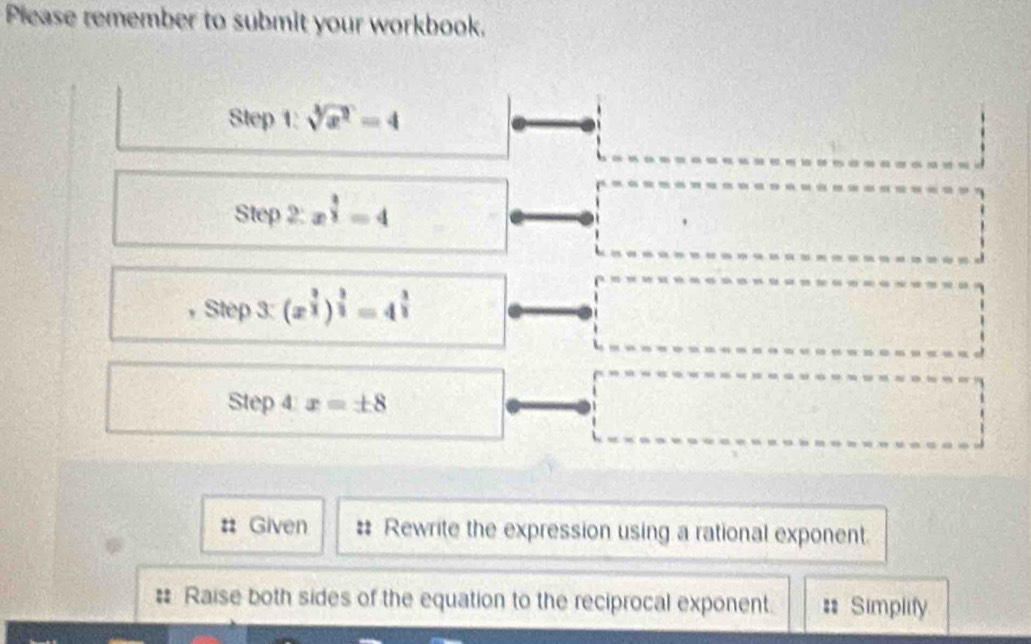 Please remember to submit your workbook, 
Step 1: sqrt[3](x^2)=4
Step 2: x^(frac 3)2=4
,Step 3: (x^(frac 3)2)^ 3/2 =4^(frac 3)2
Step 4 x=± 8
# Given # Rewrite the expression using a rational exponent. 
# Raise both sides of the equation to the reciprocal exponent. # Simplify