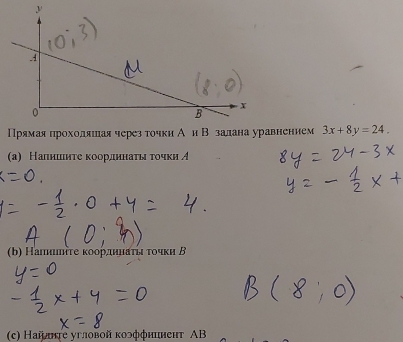 3x+8y=24. 
(а) Налншιиеτеα κоорαдιеннαаτίιατοчκи А 
(b) Наιινῖτе κοοрдηнατίι τοчκи Β 
(c) Наїшге угловой коэффнинент ΑB