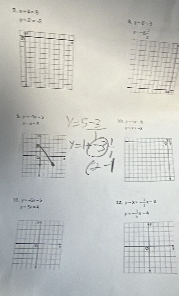 x+4=9
y+2=-3
B. y-5=3
48°
:
x=-6 2/3 
D
y=-3x-5 2D. y=-x-8
y=x-3
y-x=-8
+
5 W
" y=-5x-5
12. y-8=- 1/3 x-4
y-5x=4
y=- 2/3 x-4
5
,