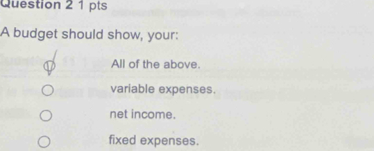 A budget should show, your:
All of the above.
variable expenses.
net income.
fixed expenses.