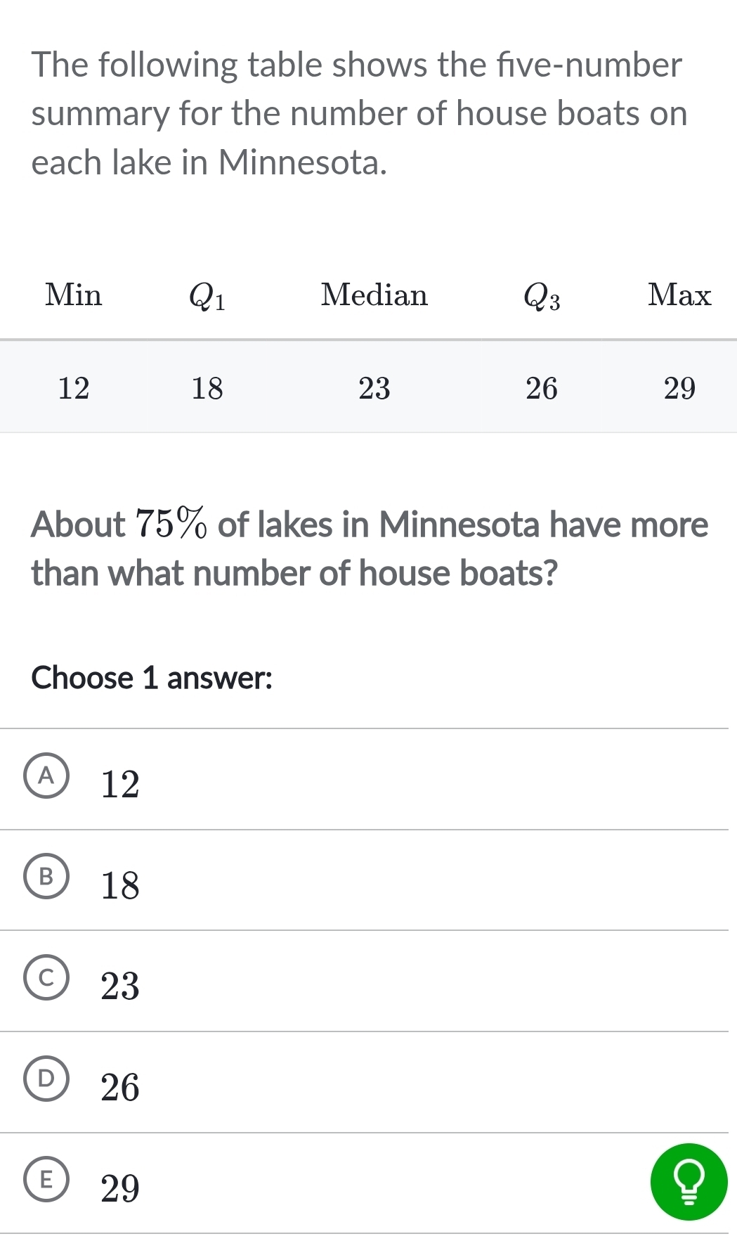 The following table shows the five-number
summary for the number of house boats on
each lake in Minnesota.
About 75% of lakes in Minnesota have more
than what number of house boats?
Choose 1 answer:
A 12
B 18
c) 23
D 26
29