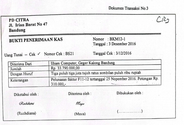 Dokumen Transaksi No.3 
PD CITRA 
Jl. Irian Barat No 47
Bandung 
BUKTI PENERIMAAN KAS Nomor : BKM12-1 
Tanggal : 3 Desember 2016 
Uang Tunai -- Cek Nomor Cek : BS21 Tanggal Cek : 3/12/2016 
Diketahui oleh : Diterima oleh : Dibukukan oleh : 
Ruchtiana Maya 
(Ruchdiana) (Maya) 
_