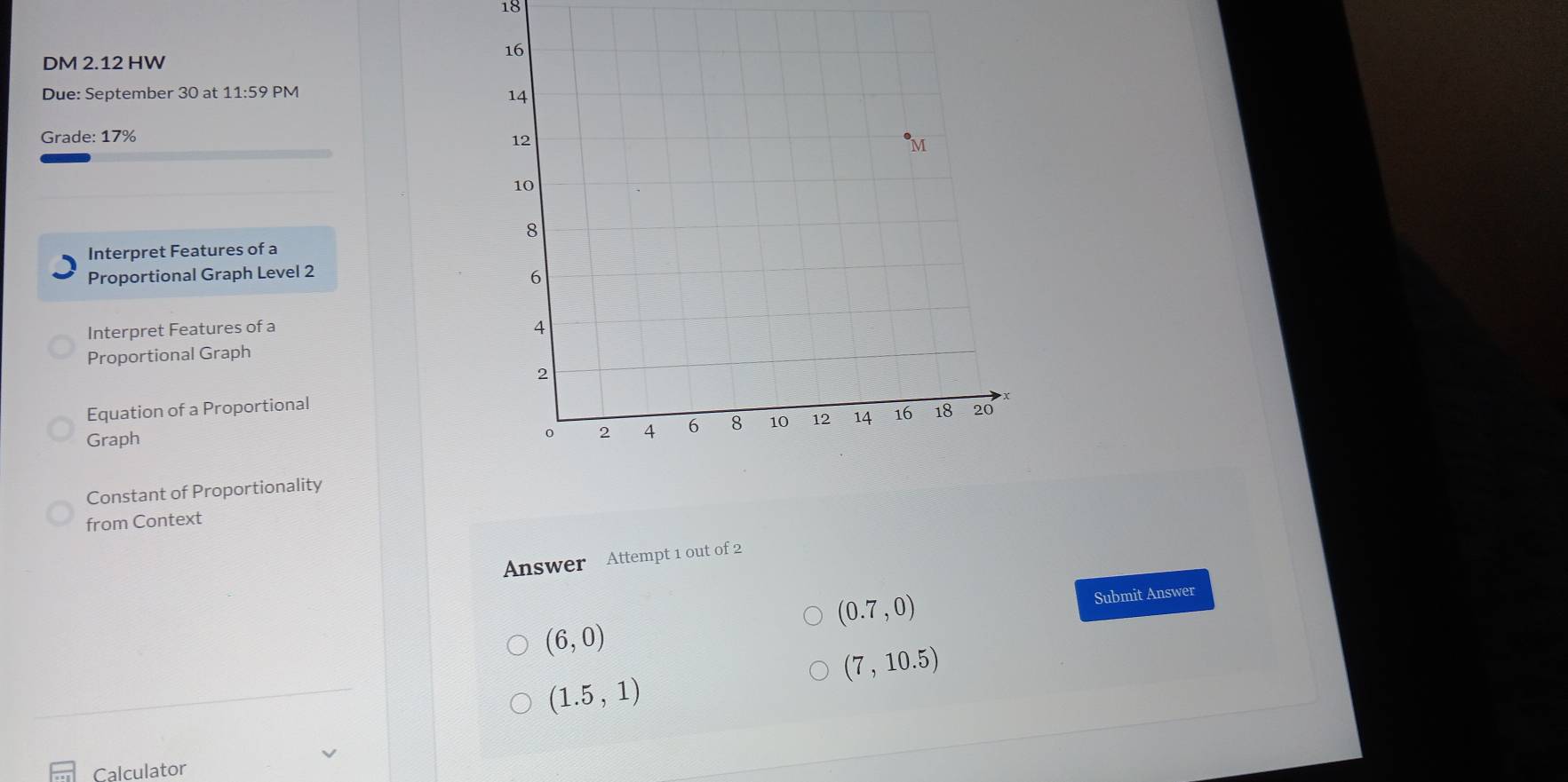 DM 2.12 HW
Due: September 30 at 11:59 PM
Grade: 17% 
Interpret Features of a
Proportional Graph Level 2
Interpret Features of a 
Proportional Graph
Equation of a Proportional
Graph 
Constant of Proportionality
from Context
Answer Attempt 1 out of 2
(0.7,0)
Submit Answer
(6,0)
(7,10.5)
(1.5,1)
Calculator