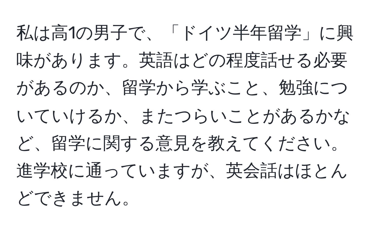 私は高1の男子で、「ドイツ半年留学」に興味があります。英語はどの程度話せる必要があるのか、留学から学ぶこと、勉強についていけるか、またつらいことがあるかなど、留学に関する意見を教えてください。進学校に通っていますが、英会話はほとんどできません。