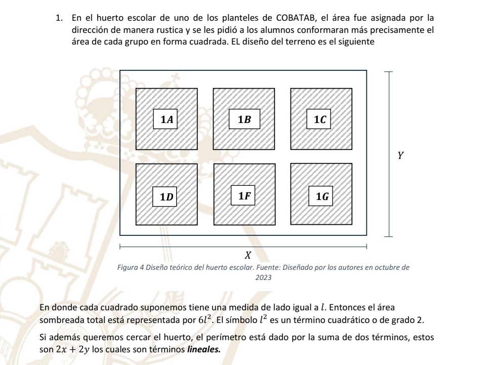 En el huerto escolar de uno de los planteles de COBATAB, el área fue asignada por la 
dirección de manera rustica y se les pidió a los alumnos conformaran más precisamente el 
área de cada grupo en forma cuadrada. EL diseño del terreno es el siguiente 
1A
1B
1C
Y
1D
1F
1G
X
Figura 4 Diseño teórico del huerto escolar. Fuente: Diseñado por los autores en octubre de
2023
En donde cada cuadrado suponemos tiene una medida de lado igual a l. Entonces el área 
sombreada total está representada por 6l^2. El símbolo l^2 es un término cuadrático o de grado 2. 
Si además queremos cercar el huerto, el perímetro está dado por la suma de dos términos, estos
son2x+2y los cuales son términos lineales.