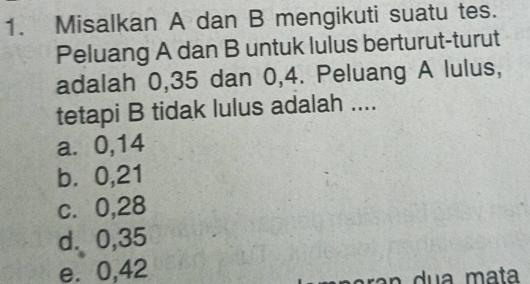 Misalkan A dan B mengikuti suatu tes.
Peluang A dan B untuk lulus berturut-turut
adalah 0, 35 dan 0, 4. Peluang A lulus,
tetapi B tidak lulus adalah ....
a. 0,14
b. 0,21
c. 0,28
d. 0,35
e. 0,42
ua mata