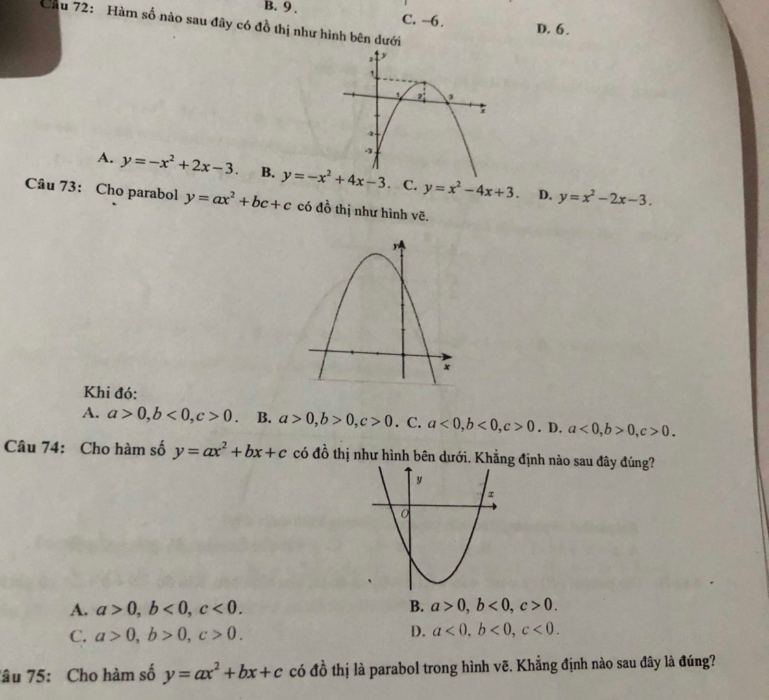 B. 9 . C. -6.
Cầu 72: Hàm số nào sau đây có đồ thị như hình bên dưới
D. 6 .
A. y=-x^2+2x-3. B.  . C. y=x^2-4x+3. D. y=x^2-2x-3.
Câu 73: Cho parabol y=ax^2+bc+c có đồ thị như hình vẽ.
Khi đó:
A. a>0,b<0,c>0. B. a>0,b>0,c>0. C. a<0,b<0,c>0. D. a<0,b>0,c>0.
Câu 74: Cho hàm số y=ax^2+bx+c có đồ thị như hình bên dưới. Khẳng định nào sau đây đúng?
A. a>0,b<0,c<0. B. a>0,b<0,c>0.
C. a>0,b>0,c>0. D. a<0,b<0,c<0.
Tâu 75: Cho hàm số y=ax^2+bx+c có đồ thị là parabol trong hình vẽ. Khẳng định nào sau đây là đúng?