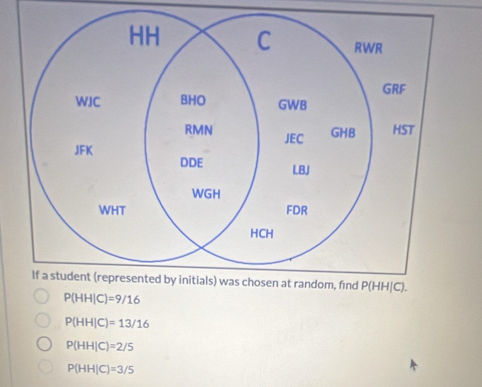 P(HH|C)=9/16
P(HH|C)=13/16
P(HH|C)=2/5
P(HH|C)=3/5