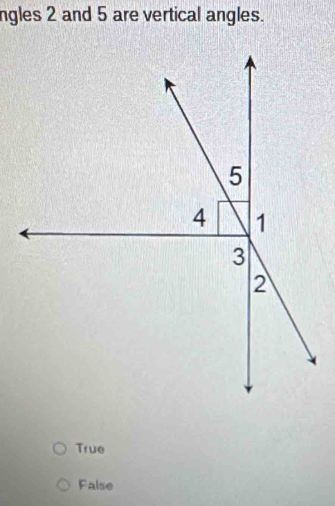 ngles 2 and 5 are vertical angles.
True
False