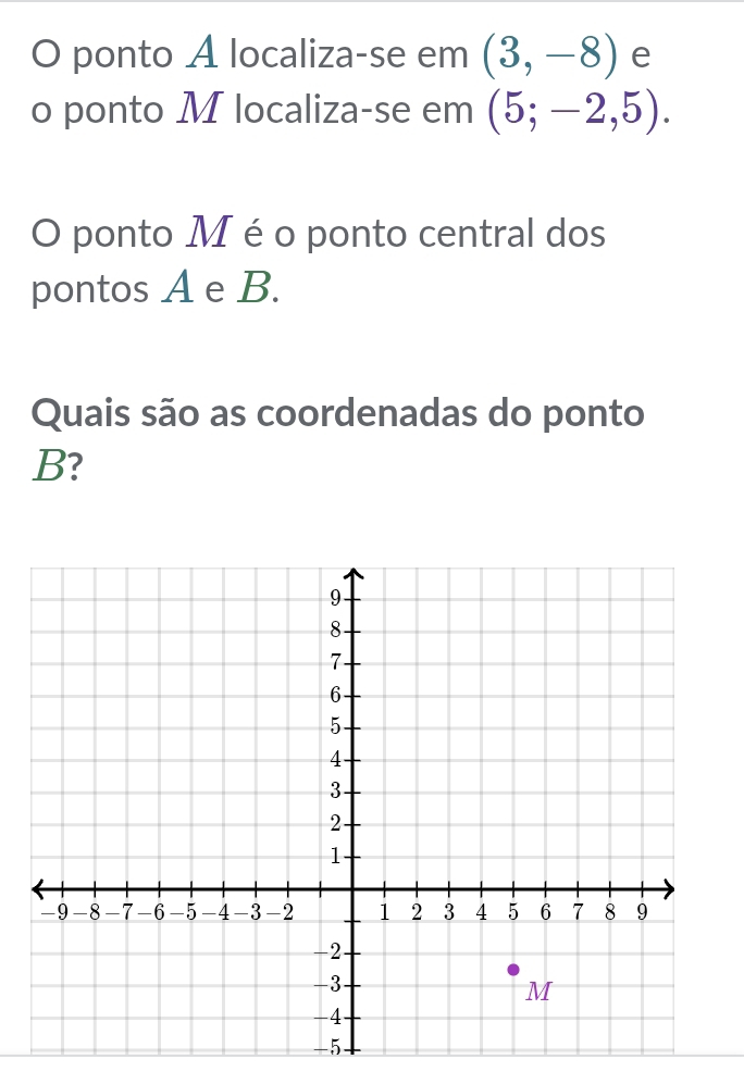 ponto A localiza-se em (3,-8) e 
o ponto M localiza-se em (5;-2,5). 
O ponto M é o ponto central dos 
pontos A e B. 
Quais são as coordenadas do ponto
B?
-5