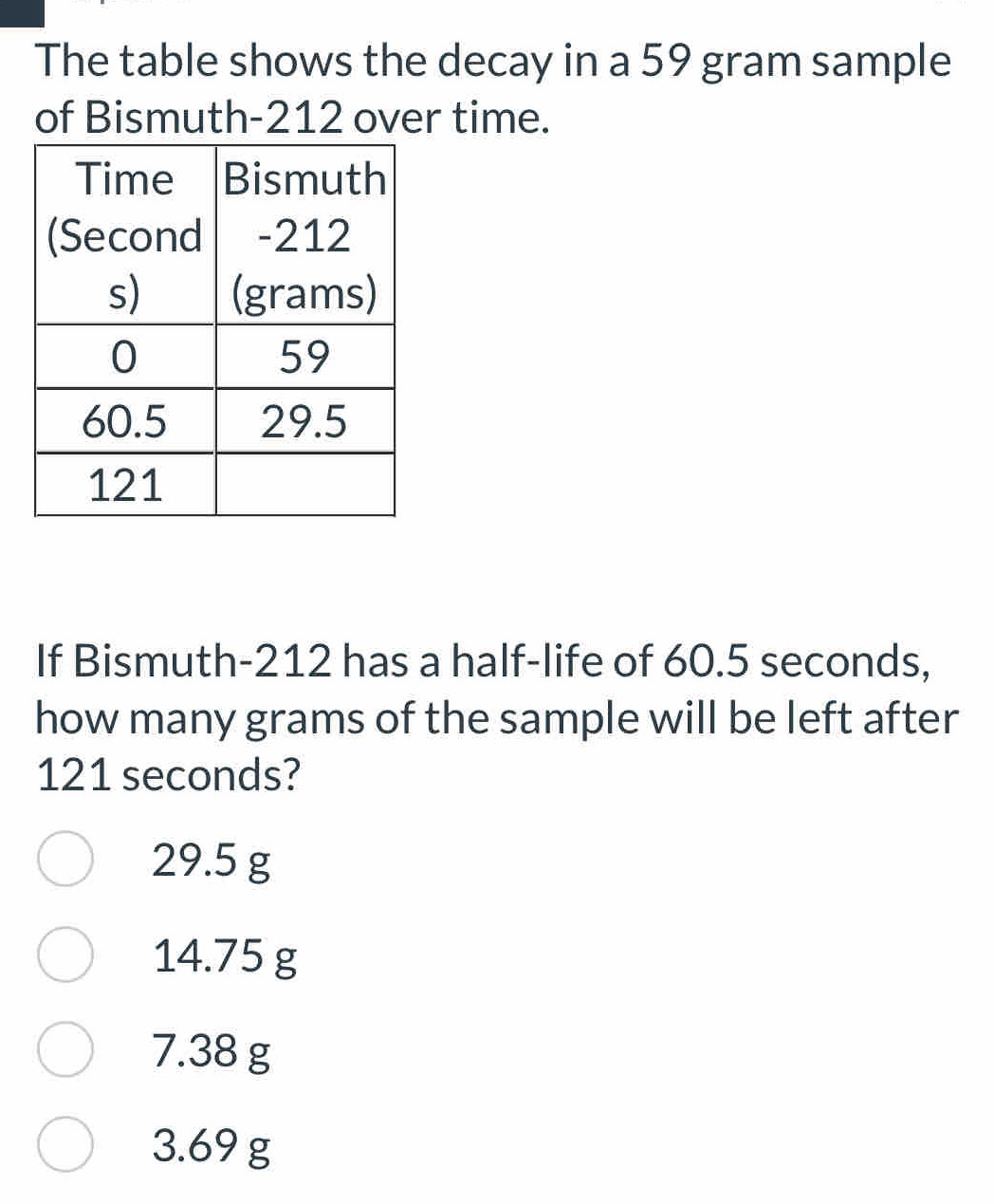 Solved: The table shows the decay in a 59 gram sample of Bismuth- 212 ...