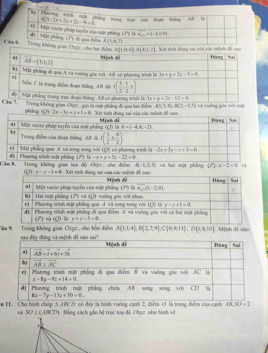 Cn 
ian Oxyz gọi là mặt phẳng đi qua hai điểm A(1;3;4),B(2;-1;5) và vuông góc với mặt
phẳng 
Câu 8. Trong không gian tọa độ Oxyz , cho điểm A(-1;2;3) và hai mặt phẳng (P):x-2=0 và
(Q):y-z-1=0. Xét tính đúng sai của các mệnh đề sau:
Câu 9. Trong không gian Oxyz , cho bốn điểm A(1;1;4);B(2;7;9);C(0;9;13);D(1;8;10). Mệnh đề nào
Au 11. Cho hình chóp S.ABCD có đáy là hình vuông cạnh 2, điểm O là trung điểm của cạnh AB,SO=2
và SO⊥ (ABCD). Bằng cách gắn hệ trục toạ độ Oxyz như hình vẽ.
s 2