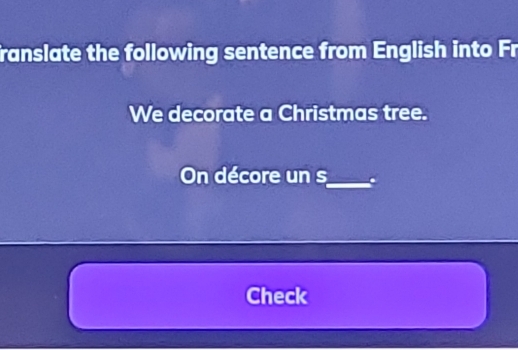 franslate the following sentence from English into Fr 
We decorate a Christmas tree. 
On décore un s_ 
Check