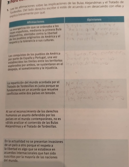 Lee las afirmaciones sobre las implicaciones de las Bulas Alejandrinas y el Tratado de 
aras. Del lado derecho escribe si estás de acuerdo o en desacuerdo con ellas y 
L 
T 
f 
c 
Al 
h 
p 
vá 
Al 
En 
de 
la l 
acu 
sus 
del mundo.