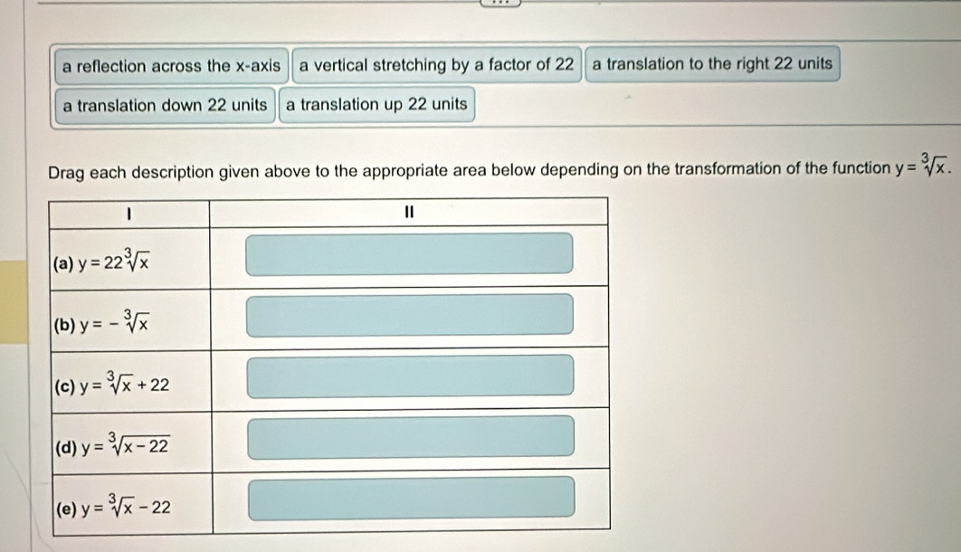 a reflection across the x-axis a vertical stretching by a factor of 22 a translation to the right 22 units
a translation down 22 units a translation up 22 units
Drag each description given above to the appropriate area below depending on the transformation of the function y=sqrt[3](x).