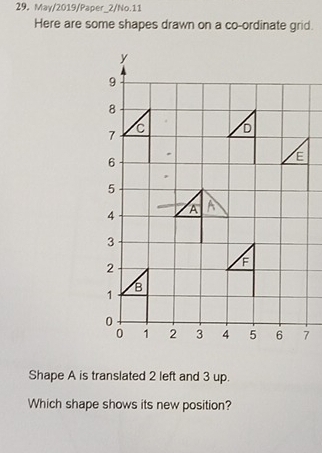 29。 May/2019/Paper_2/No.11 
Here are some shapes drawn on a co-ordinate grid. 
Shape A is translated 2 left and 3 up. 
Which shape shows its new position?