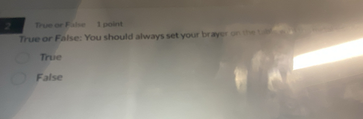 True or False 1 point
True or False: You should always set your brayer on the table wot me
True
False