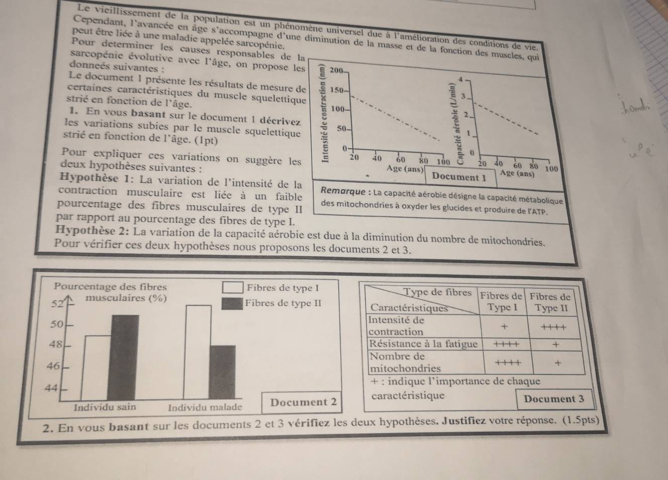 Le vieillissement de la population est un phénomène universel due à l'amélioration des conditions de vie. 
peut être liée à une maladie appelée sarcopénie. 
Cependant, l'avancée en âge s'accompagne d'une diminution de la masse et de la fonction des muscles, qui 
Pour determiner les causes responsables de la 
sarcopénie évolutive avec l'âge, on propose les 
donneés suivantes : 
Le document 1 présente les résultats de mesure de 
certaines caractéristiques du muscle squelettique 
strié en fonction de l'âge. 
1. En vous basant sur le document 1 décrivez 
les variations subies par le muscle squelettique 
strié en fonction de l'âge. (1pt) 
Pour expliquer ces variations on suggère les 
deux hypothèses suivantes :Dent 1 
Hypothèse 1: La variation de l'intensité de la 
contraction musculaire est liée à un faible Remorque : La capacité aérobie désigne la capacité métabolique 
pourcentage des fibres musculaires de type II des mitochondries à oxyder les glucides et produire de l'ATP. 
par rapport au pourcentage des fibres de type I. 
Hypothèse 2: La variation de la capacité aérobie est due à la diminution du nombre de mitochondries. 
Pour vérifier ces deux hypothèses nous proposons les documents 2 et 3. 
Type de fibres Fibres de Fibres de 
Caractéristiques Type I Type II 
Intensité de
+ 1 1 1
contraction 
Résistance à la fatigue - 1 1 1 1 + 
Nombre de 
+ 
mitochondries 
+ : indique l’importance de chaque 
caractéristique 
Document 3 
ux hypothèses. Justifiez votre réponse. (1.5pts)