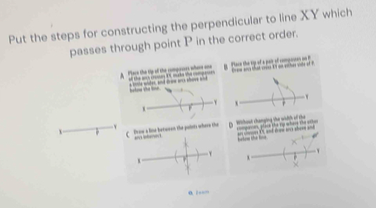 Put the steps for constructing the perpendicular to line XY which 
passes through point P in the correct order. 
A Flace the tip of the compasses where one g Flace the tip of a pair of compaures on P
a bsste wider, and dronw ans above and Ura ares that cross XY on enther vide of P
balow the tie.
Y
Y x p
x F
x C Dlaw a line between the pairts where the D Wilthowl thanging the width of the compases, place the tp where the othe
Y

below the line. any stasses RC, and dcaer ars above and
Y
Y
x
x
Q. Zoac