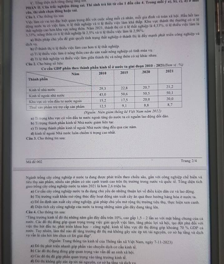 Tổng điện tích rừng đang tăng tên
PRAN II. Cầu trác nghiệm đúng sai. Thi sinh trả lời từ câu 1 đến câu 4. Trong mỗi ý a), b), c), đỷ ở mộ
câu, thí sinh chọn đủng hoặc sai.
Câu 1, Cho thông tin sau
Việc làm cờ vai trò đặc biệt quan trọng đổi với cuộc sống mỗi cá nhân, mỗi gia đinh và toàn xã hội. Hầu hết lao
động nước ta có việc làm, tí lệ thất nghiệp và tỉ lệ thiểu việc làm khả thấp. Khu vực thành thị thường có tỉ lệ
thái nghiệp cao hơn khu vực nông thôn. Năm 2021, thành thị có tí lệ thất nghiệp là 4,33%, tỉ lệ thiểu việc làm là
3,33%; nông thôn có ti lệ thất nghiệp là 2,5% và tỉ lệ thiếu việc làm là 2,96%.
a) Biện pháp chủ yểu để giải quyết tình trạng thất nghiệp ở thành thị là đầy mạnh phát triển công nghiệp và
dịch vụ.
b) Ở thành thị tì lệ thiếu việc làm cao hơn tí lệ thất nghiệp.
c) Tí lệ thiếu việc làm ở nông thôn cao do sản xuất nông nghiệp có tính mùa vụ.
đ) Ti lệ thất nghiệp và thiếu việc làm giữa thành thị và nông thôn có sự khác nhau.
Câu 2. Cho bàng số liệu:
tế ở nước ta giai đoạn 2010 - 2021(Đơn vị :%)
(Nguồn: Niên giám thống kê
a) Tí trọng khu vực có vốn đầu tư nước ngoài tăng do nước ta có nguồn lao động dổi dảo.
b) Ti trọng thành phần kinh tế Nhà nước giám liên tục.
e) Ti trọng thành phần kinh tế ngoài Nhà nước tăng đều qua các năm.
đ) kinh tế ngoài Nhà nước luôn chiếm tí trọng cao nhất.
Câu 3. Cho thông tin sau:
Mã đẻ 002 Trang 2/4
Ngành trồng cây công nghiệp ở nước ta đang được phát triển theo chiều sâu, gắn với công nghiệp chế biến và
tiểu thụ sản phẩm, nhiều sản phẩm có sức cạnh tranh cao trên thị trường trong nước và quốc tế. Tổng diện tích
gico trồng cây công nghiệp nước ta năm 2021 là hơn 2,6 triệu ha
a) Cơ cầu cây công nghiệp nước ta đa dạng chủ yếu do những thuận lợi về điều kiện dân cư và lao động.
b) Thị trưởng xuất khẩu mở rộng thúc đẩy hoạt động sản xuất cây ăn quả theo hướng hàng hóa ở nước ta.
c) Đề ốn định sản xuất cây công nghiệp, giải pháp chủ yếu mở rộng thị trường tiêu thụ, thực hiện xen canh.
d) Diện tích cây công nghiệp của nước ta trong những năm gần đây đang tăng lên.
Câu 4. Cho thông tin sau:
''Tăng trướng kinh tế đô thị những năm gần đây đều trên 10%, cao gấp 1,5 - 2 lần so với mật bằng chung của cá
nước. Các đô thị đóng góp quan trọng trong việc giải quyết việc làm, tăng phúc lợi xã hội, tạo đột phả đổi với
việc thu hút đầu tư, phát triển khoa học - công nghệ, kinh tế khu vực đô thị đóng góp khoàng 70 % GDP cá
nước. Tuy nhiên, làm thể nào đề tăng trường đô thị mà không gây sức ép tới tài nguyên, cơ sở hạ tầng và dịch
vụ vẫn là câu hồi lớn chưa có lời giải đáp'.
(Nguồn: Trang thông tin kinh tế của Thông tấn xã Việt Nam, ngày 7-11-2023)
a) Đô thị phát triển nhanh góp phần vào chuyển dịch cơ cầu kinh tế
b) Các đô thị đang đóng góp quan trọng vào vấn đề an sinh xã hội.
c) Các đô thị đã góp phần quan trọng vào tăng trường kinh tế.
đ) Đô thị không gây sức ép tới tài nguyên, cơ sở hạ tầng và dịch vụ