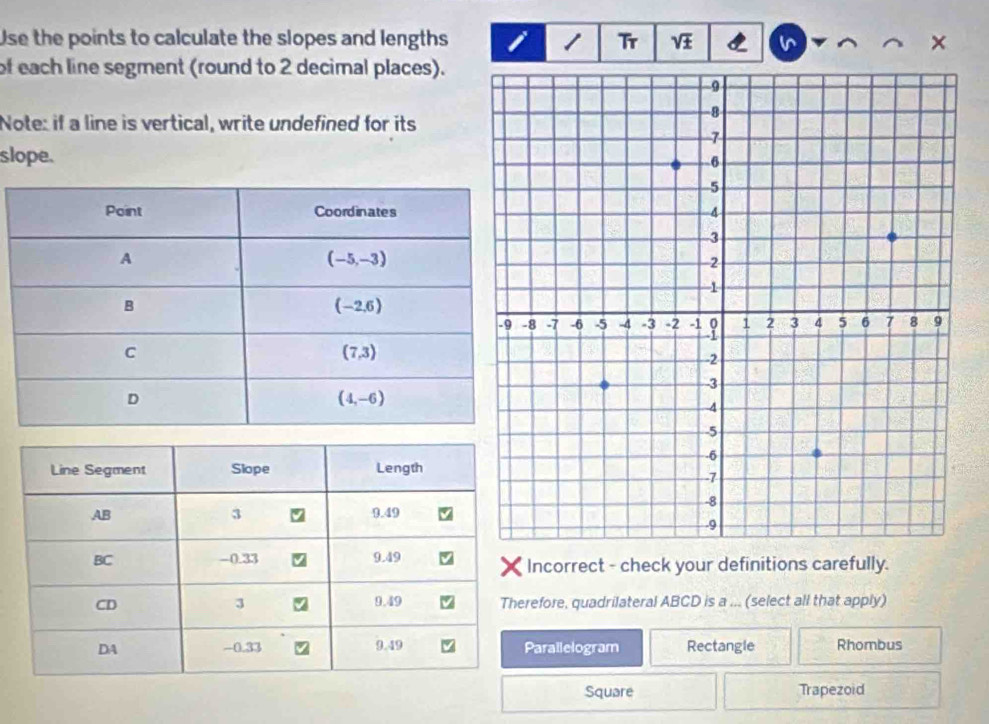 Use the points to calculate the slopes and lengths Tr ±
of each line segment (round to 2 decimal places).
Note: if a line is vertical, write undefined for its
slope. 
ncorrect - check your definitions carefully.
efore, quadrilateral ABCD is a ... (select all that apply)
arallelogram Rectangle Rhombus
Square Trapezoid