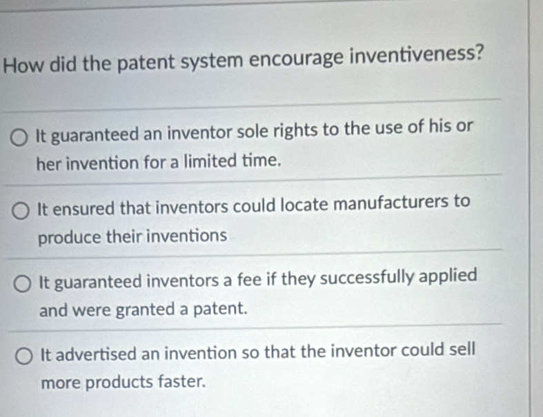 Solved: How did the patent system encourage inventiveness? It ...