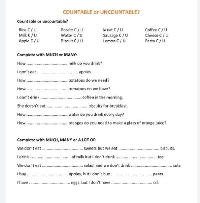 COUNTABLE or UNCOUNTABLE？ 
Countable or uncountable? 
Rice C / U Potato C / U Meat C /U Coffee C/U
Milk C/U Water C/ 1 Sausage C / U Cheese C/U
Apple C / U Biscuit C 11 Lemon C / U Pasta C/U
Complete with MUCH or MANY: 
How _milk do you drink? 
I don’t eat _apples. 
How _potatoes do we need? 
How _tomatoes do we have? 
I don’t drink coffee in the morning. 
She doesn’t eat _biscuits for breakfast. 
How_ water do you drink every day? 
How _oranges do you need to make a glass of orange juice? 
Complete with MUCH, MANY or A LOT OF: 
We don’t eat_ sweets but we eat _biscuits. 
I drink _of milk but I don't drink _tea. 
We don’t eat_ salad, and we don’t drink _cola. 
I buy _apples, but I don’t buy _pears. 
I have _eggs, but I don't have _oil.