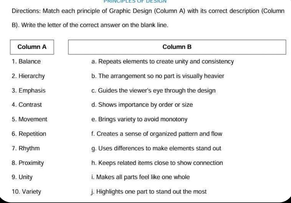 Solved: PRINCIPLES OF DESIGN Directions: Match each principle of ...
