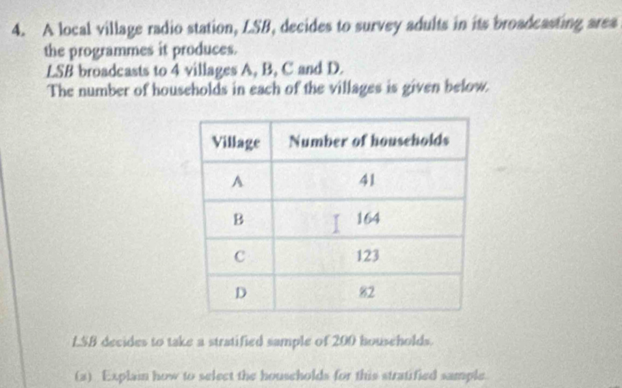 A local village radio station, LSB, decides to survey adults in its broadcasting area 
the programmes it produces. 
LSB broadcasts to 4 villages A, B, C and D. 
The number of households in each of the villages is given below. 
LSB decides to take a stratified sample of 200 bouseholds. 
(2) Explain how to select the households for this stratified sample.