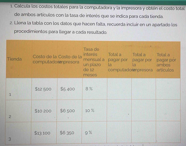 Calcula los costos totales para la computadora y la impresora y obtén el costo total 
de ambos artículos con la tasa de interés que se indica para cada tienda. 
2. Llena la tabla con los datos que hacen falta, recuerda incluir en un apartado los 
procedimientos para llegar a cada resultado.