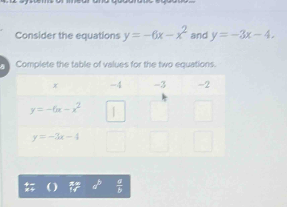 Consider the equations y=-6x-x^2 and y=-3x-4,
 Complete the table of values for the two equations.
)
a^b  a/b 