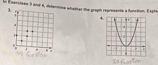 In Exercises 3 and 4, determine whether the graph represents a function. Expla
3
4