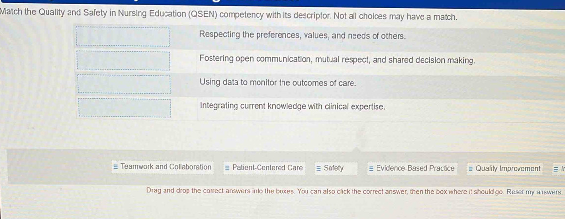 Solved: Match the Quality and Safety in Nursing Education (QSEN ...