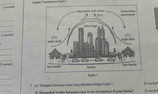 Soalan 7 berdasarkan Rajah 1.
_
[1 markah]
_
_
_
[3 markah]
_
_
_
[3 markah]
_
_
7 (a) Terangkan fenomena cuaca yang dikaitkan dengan Rajah 1. [4 markah
_
(6) Mengapakah berlaku fenomena cuaca di atas terutamanya di pusat bandar? [6 markak