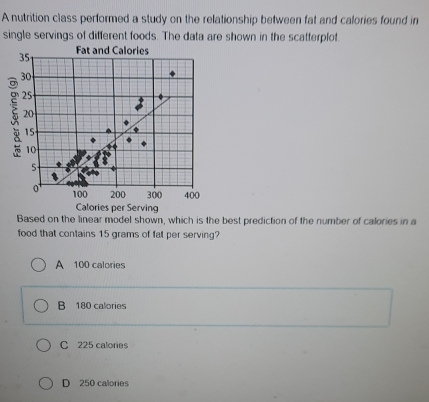 A nutrition class performed a study on the relationship between fat and calories found in
single servings of different foods. The data are shown in the scatterplot.
Calories per Serving
Based on the linear model shown, which is the best prediction of the number of calories in a
food that contains 15 grams of fat per serving?
A 100 calories
B 180 calories
C 225 calories
D 250 calories