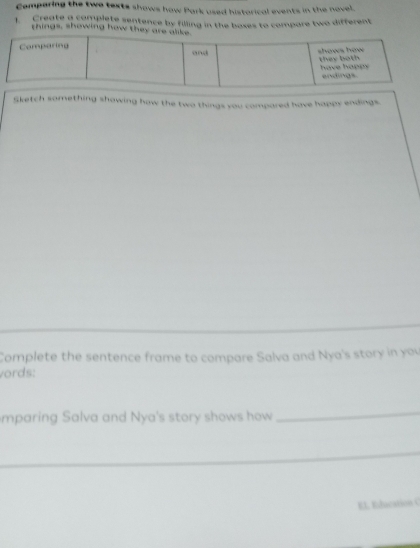 Cemparing the twe texts shows how Park used historical events in the novel. 
1. Create a complete sentence by filling in the boxes to compore two different 
things, showing how the 
Sketch something showing how the two things you compared have happy endings. 
Complete the sentence frame to compare Salva and Nya's story in you 
vords: 
mparing Salva and Nya's story shows how 
_ 
E l Elacation