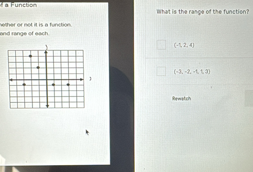 a Function
What is the range of the function?
ether or not it is a function.
and range of each.
 -1,2,4
 -3,-2,-1,1,3
Rewatch