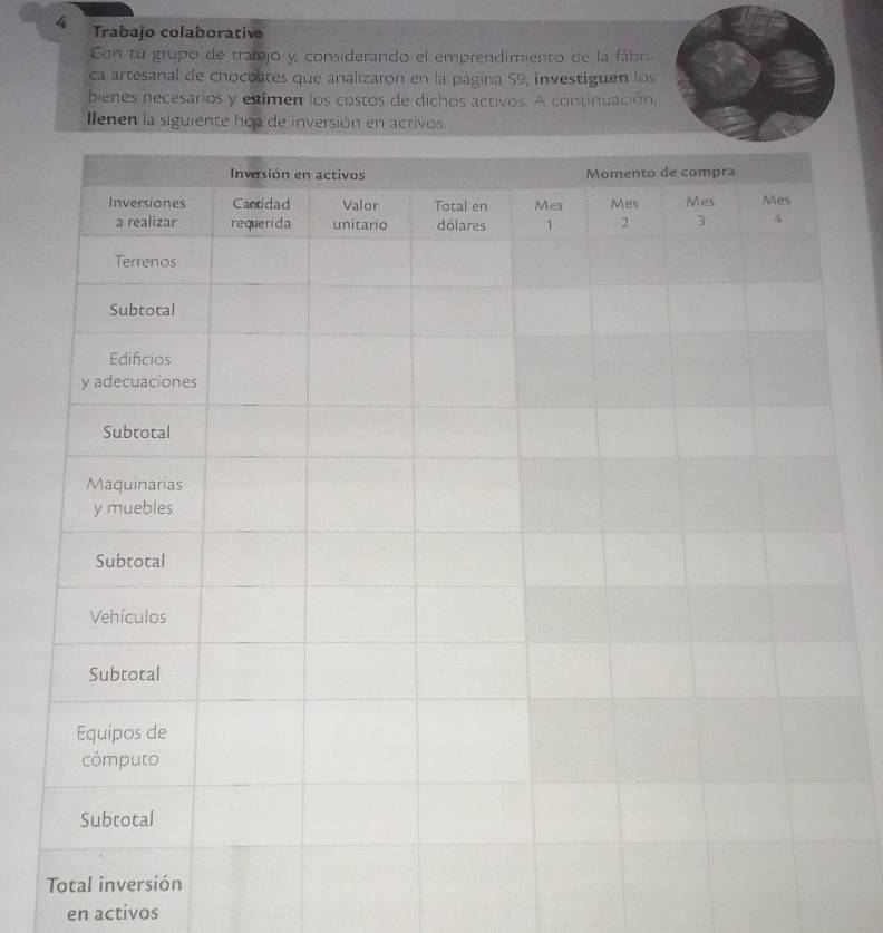Trabajo colaborative 
Con tu grupo de tratajo y considerando el emprendimiento de la fábri 
ca artesanal de choceates que analizaron en la página 59, investiguen los 
bienes necesarios y esimen los costos de dichos activos. A continuación, 
Ienen la siguiente hoa de inversión en activos. 
en activos