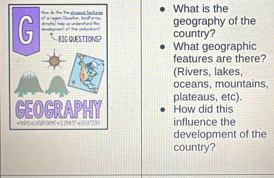 What is the 
geography of the 
country? 
What geographic 
features are there? 
(Rivers, lakes, 
oceans, mountains, 
plateaus, etc). 
How did this 
influence the 
development of the 
country?