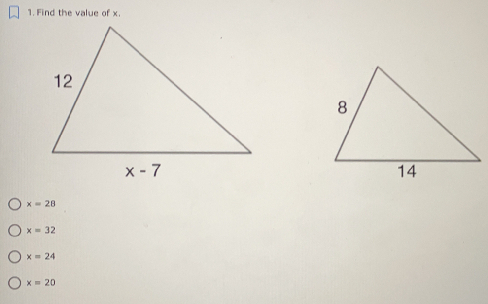 Find the value of x.
x=28
x=32
x=24
x=20