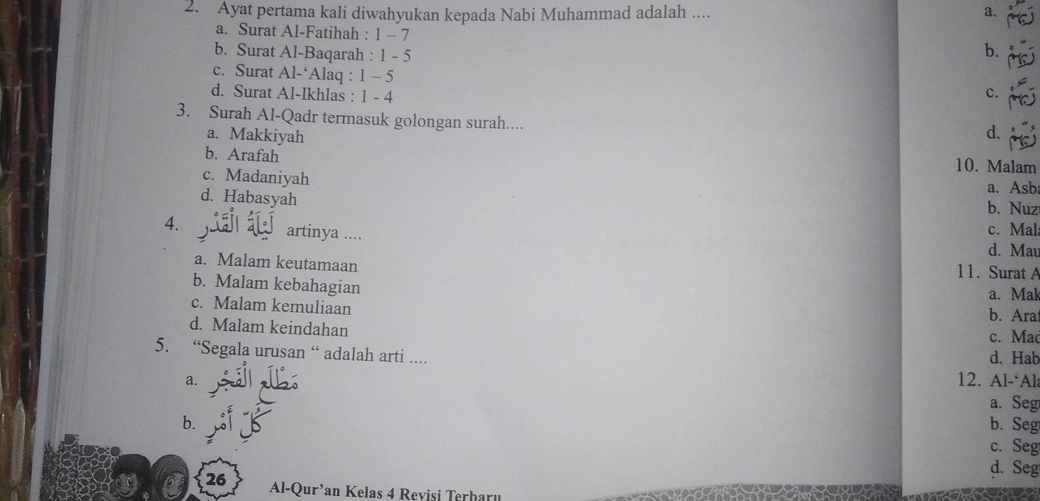 Ayat pertama kali diwahyukan kepada Nabi Muhammad adalah ....
a.
a. Surat Al-Fatihah : 1 - 7
b. Surat Al-Baqarah : 1 - 5
b.
c. Surat Al-‘Alaq : 1 - 5
d. Surat Al-Ikhlas : 1 - 4 c.
3. Surah Al-Qadr termasuk golongan surah....
a. Makkiyah d.
b. Arafah
10. Malam
a. Asb
c. Madaniyah b. Nuz
d. Habasyah
4. artinya ....
c. Mal
d. Mau
a. Malam keutamaan 11. Surat A
b. Malam kebahagian
a. Mak
c. Malam kemuliaan b. Ara
d. Malam keindahan c. Mac
5. “Segala urusan “ adalah arti .... d. Hab
a. 12. Al-‘Al
a. Seg
b. b. Seg
c. Seg
d. Seg
26 Al-Qur’an Kelas 4 Revisi Terharu