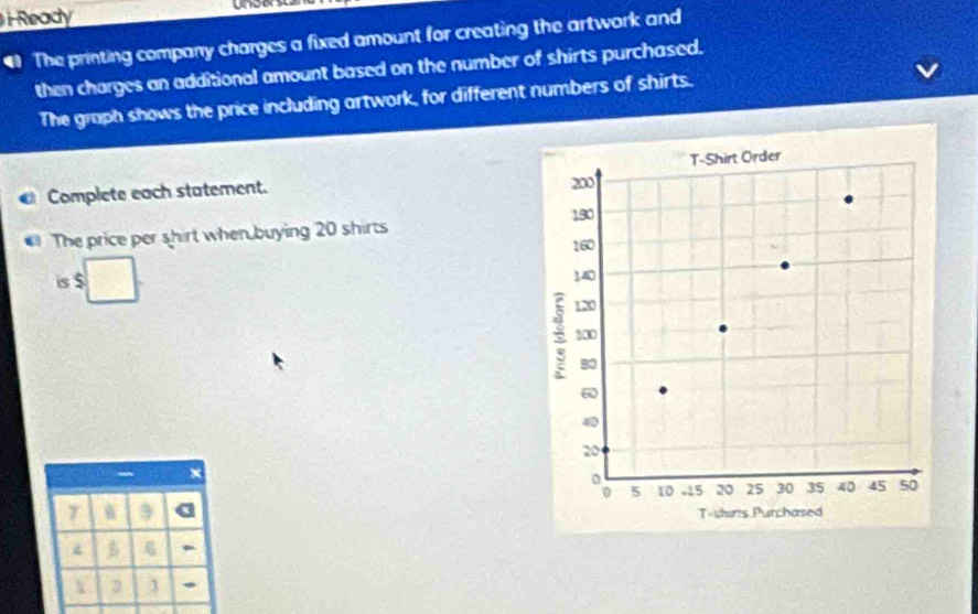 Ready 
4 The printing company charges a fixed amount for creating the artwork and 
then charges an additional amount based on the number of shirts purchased. 
The graph shows the price including artwork, for different numbers of shirts. 
Complete each statement. 
The price per shirt when buying 20 shirts 
is $
7. 6
3 3