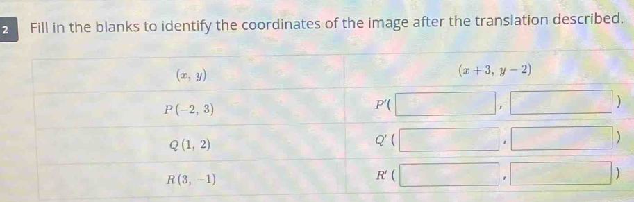 Fill in the blanks to identify the coordinates of the image after the translation described.